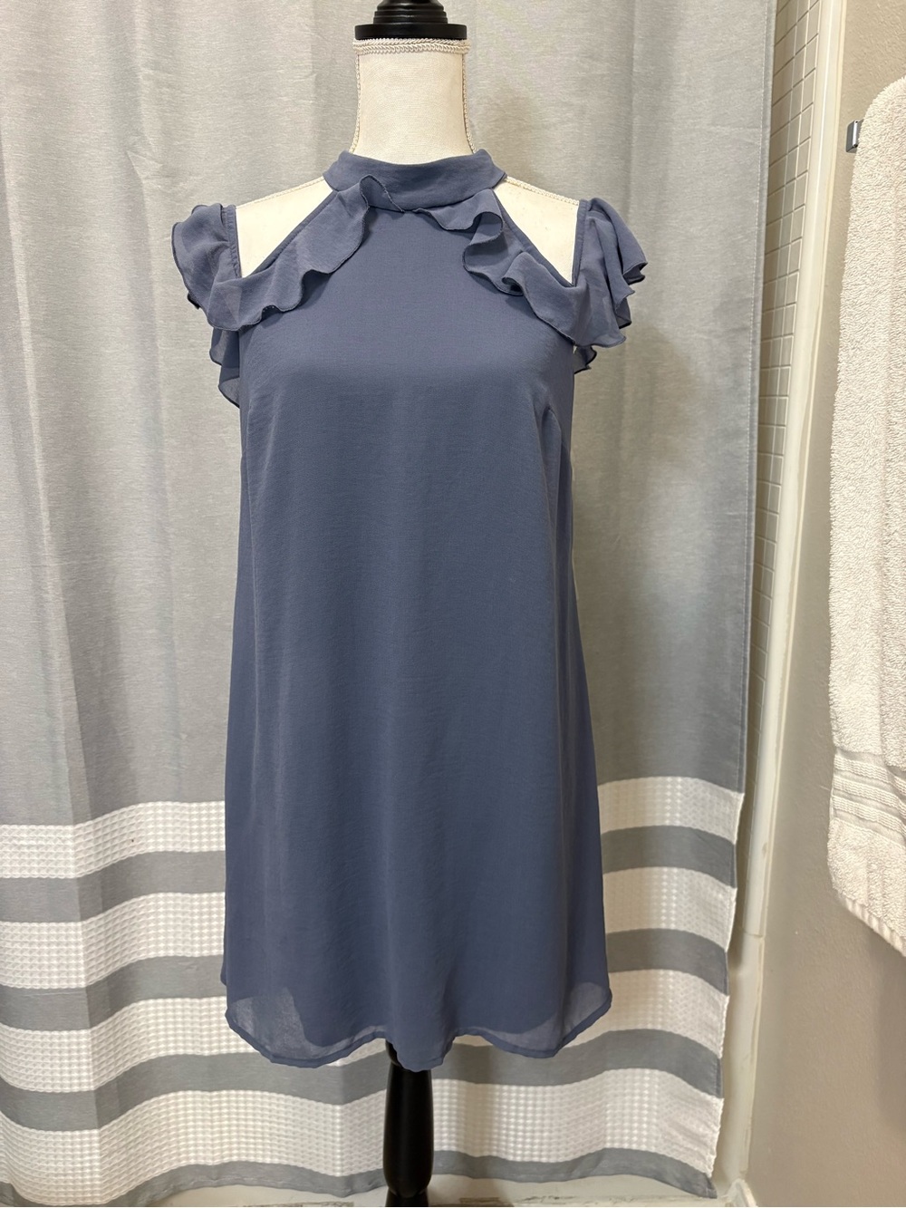 bailey blue Slate Blue Ruffle Cold-Shoulder Mini Dress